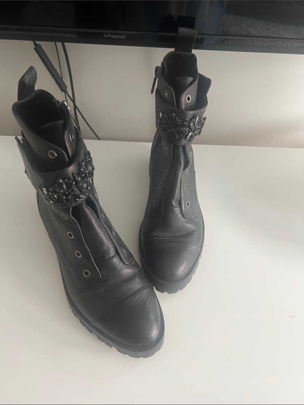 Women's Black Embellished Leather Ankle Boots